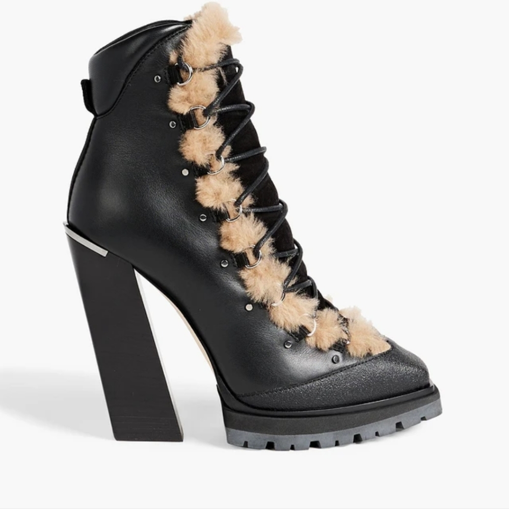NEW JIMMY CHOO MADYN 130 SHEARLING TRIMMED LACE UP LEATHER ANKLE BOOTS